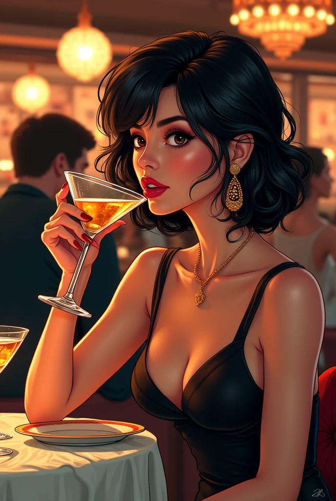 Mark Brooks' comic book style. Charming beauty drinks a martini in a trendy restaurant surrounded by attention and admiring glances, full-length film, high detail, dynamic show, detailed background, clear focus, mail art, concept art, cinematography, clarity of contours, 4K, ultra-realistic, photorealistic.