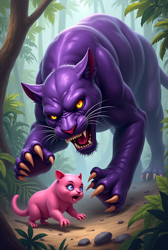 Make me a purple panther attacking a pink capybara, small and very scared