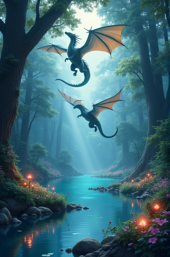 Create a magical coloring picture about an enchanted forest with dragons flying above the trees, glowing flowers and a mirrored lake in the background.