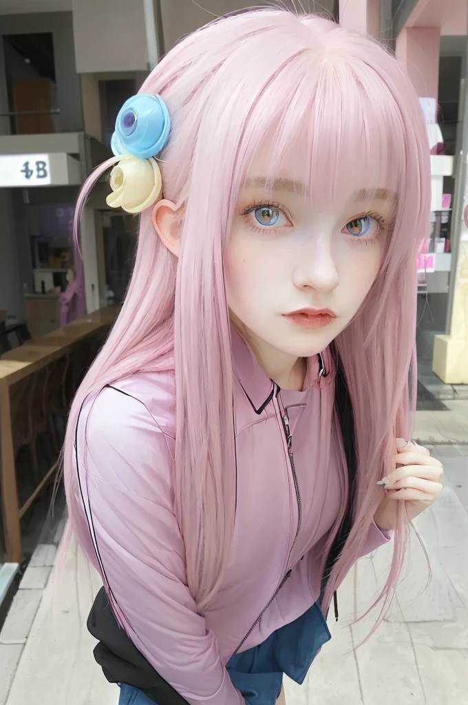 A pink-haired、length hair、a junior high school student、kawaii、front、teats
