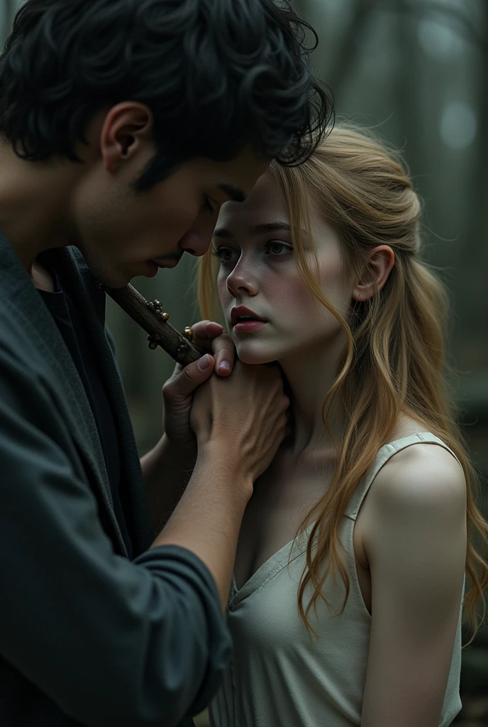 A girl with beautiful long blond hair was captured by a guy with black hair. There is fear and sadness on her face.. The guy tries to put a muzzle on her