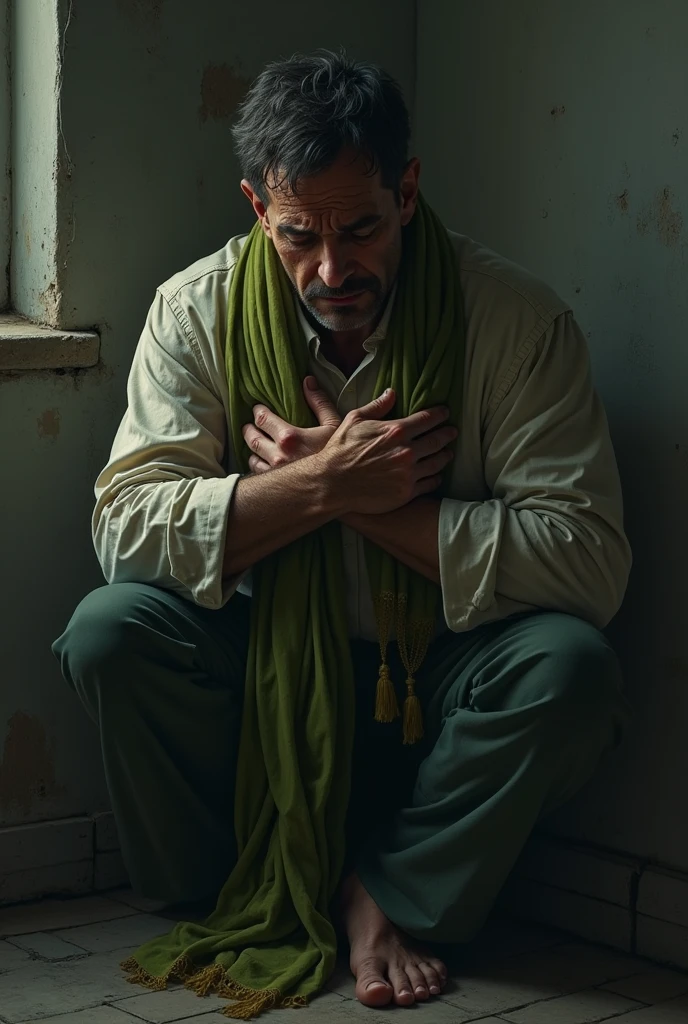 A remorseful man Sitting in a corner hugging a woman's scarf to his heart. The scarf should be distinctly feminine, in green or yellow. the scene conveys a sense of melancholy, reflecting a moment of deep personal loss. The image should be realistic, capturing the emotional weight of the moment.