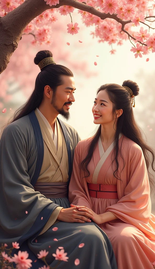 A highly detailed and ultra-realistic portrait, featuring Zhuge Liang Kongming, a famous ancient Chinese strategist, and his wife, Huang Yueying, sitting together in a serene garden setting. Zhuge Liang is depicted as a wise and calm man in traditional Han dynasty attire, with a slight smile on his face, holding a fan in one hand. His wife, Huang Yueying, is portrayed as a beautiful and intelligent woman with long flowing hair, wearing an elegant Han dynasty dress, looking at him affectionately. The background shows cherry blossom trees in full bloom, with a gentle breeze causing petals to fall around them. The expressions on their faces convey a sense of warmth and happiness as they engage in a lively and intimate conversation.