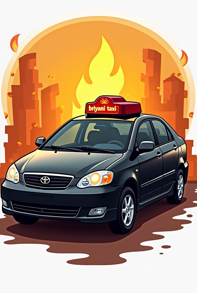 Create Briyani Taxi logo in food packing box, which is toyota corolla black car 2005 model and in roof there should be Briyani Taxi name light blinking box.