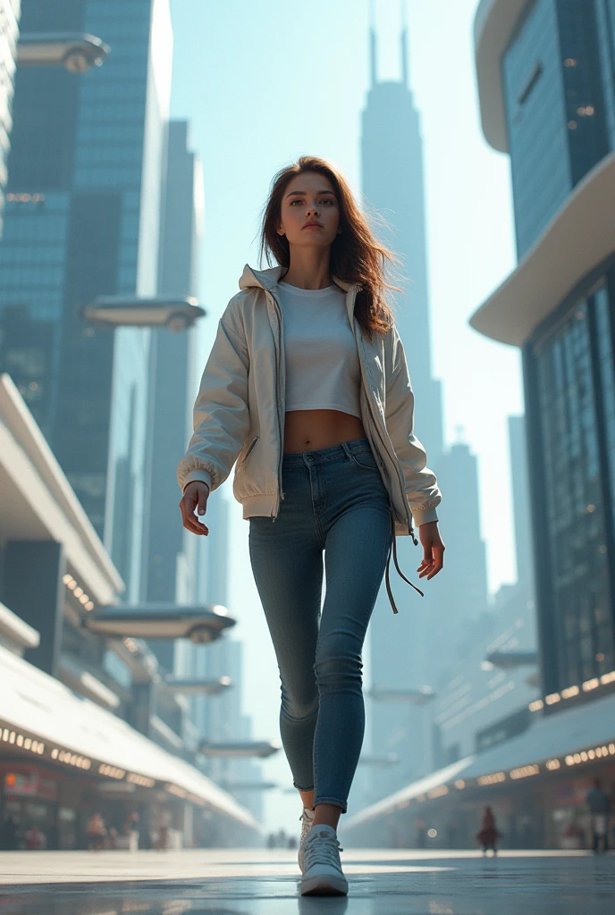 A young woman walking in a futuristic setting