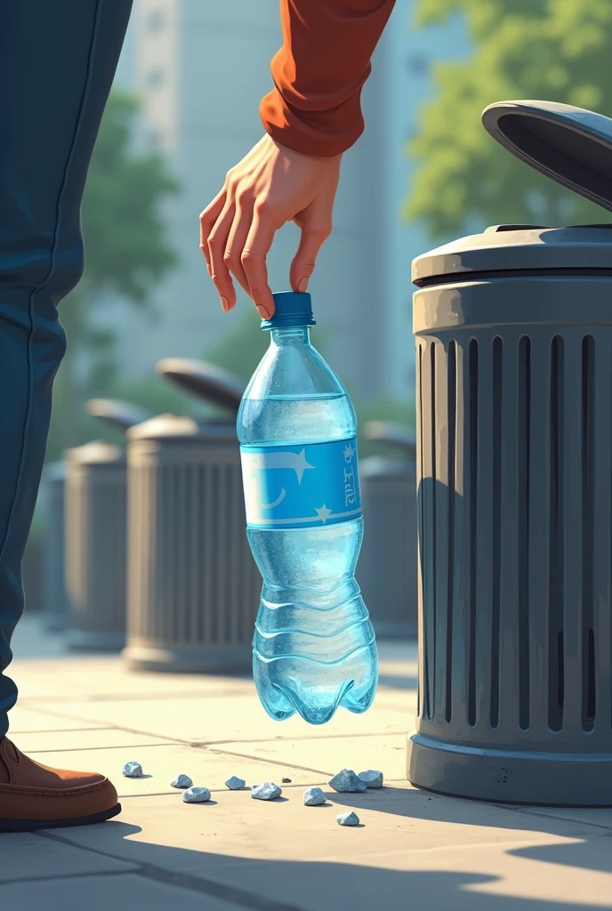 A person throws a bottle of basic water on the ground without caring that there was a trash can near the person. 