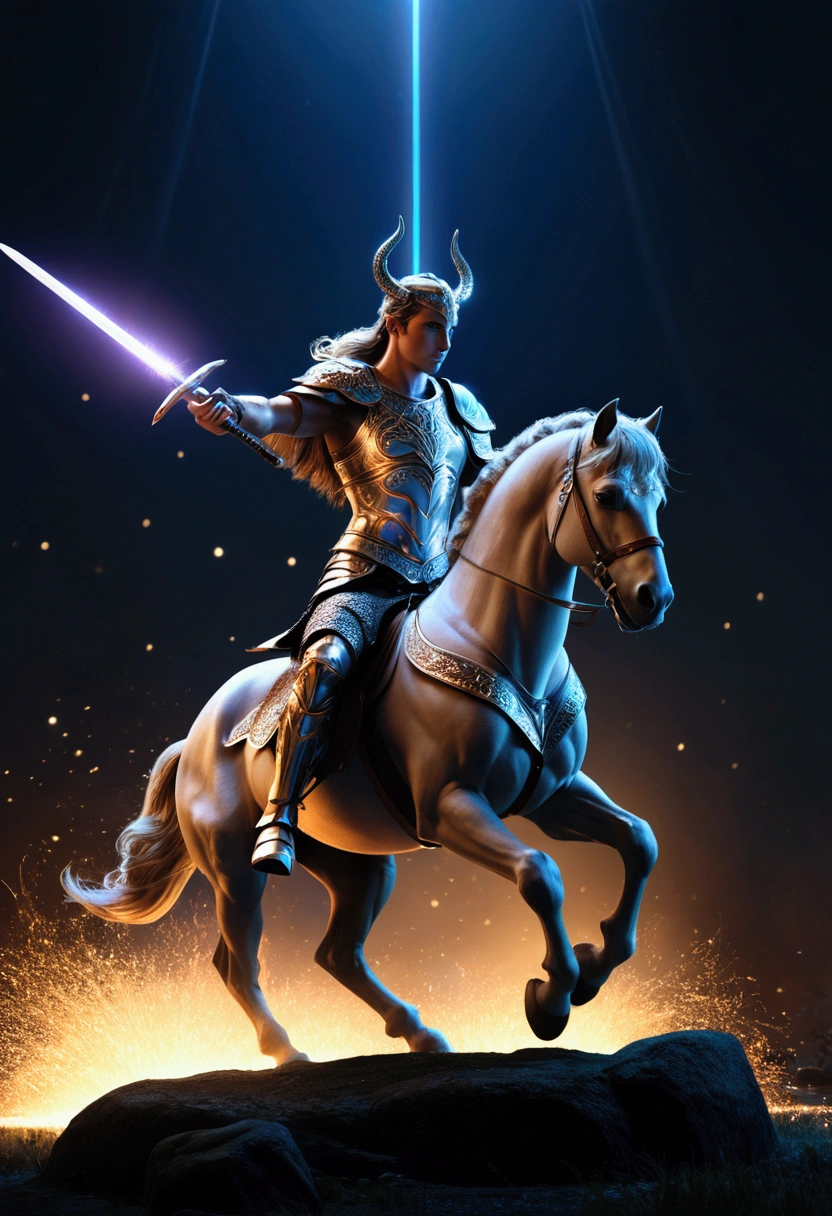 Centaur, Centaur-type warrior, Armor, Bouncing Pose, sword shines, battlefield, sparks, Backlight, Dark Night, (best quality, masterpiece, photorealistic), very aesthetic, perfect composition, intricate details, ultra-detailed, vivid colors