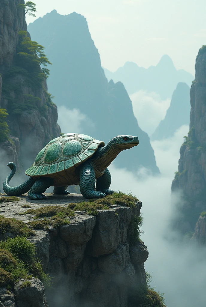 At the peaks of the Kingdom of Mountains, Xuanwu is a legendary turtle known as a wise hermit.. With a stone gray shell and a tree green pattern, Xuanwu blends into the mountainous landscape. Long tail, which ends with a black snake head, have intelligence and agile movements, often used to reach hidden places and protect oneself from danger. Xuanwu was able to control the ground and rocks around him, create a safe path in me