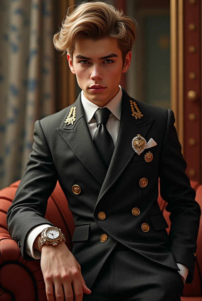 Create a young 1 man and he is billionaire and the king in the world. The boy clothes about 500 billion dollars sut .
In realistic . man hair is look like Justin Bieber . Man hand about 200 million dollars watch