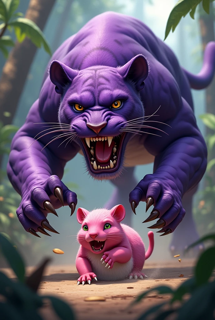 Make me a purple panther attacking a pink capybara, small and very scared