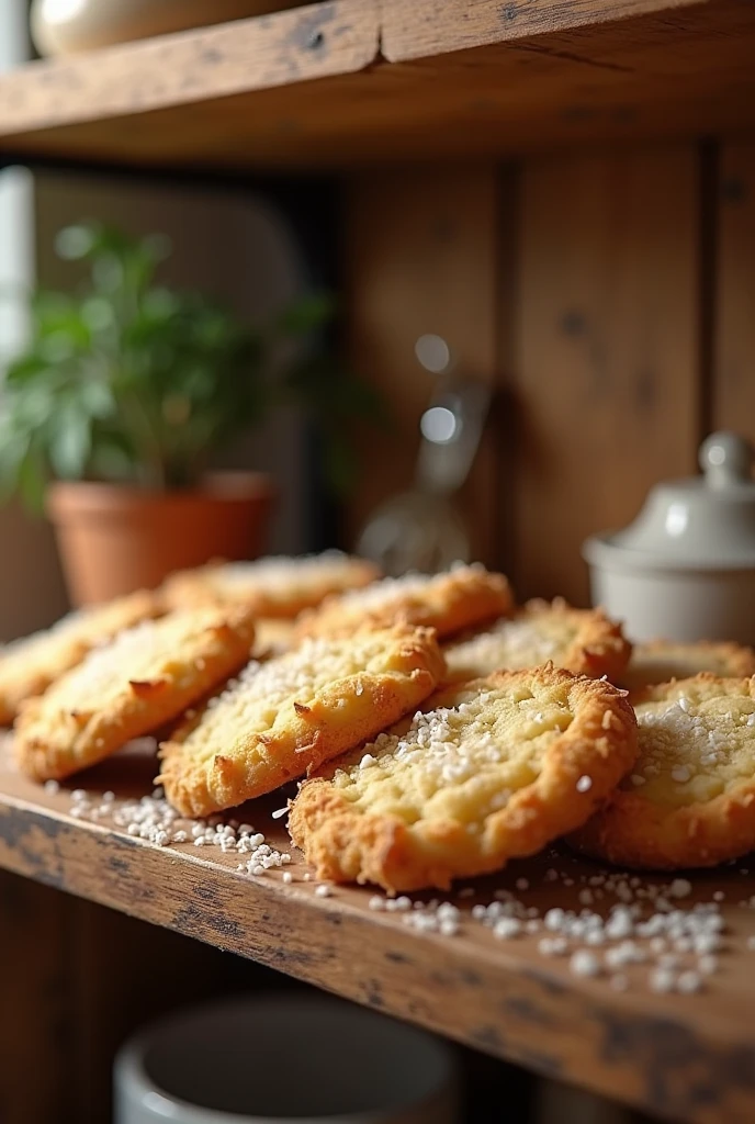 Delicious coconut cookies on kitchen shelf