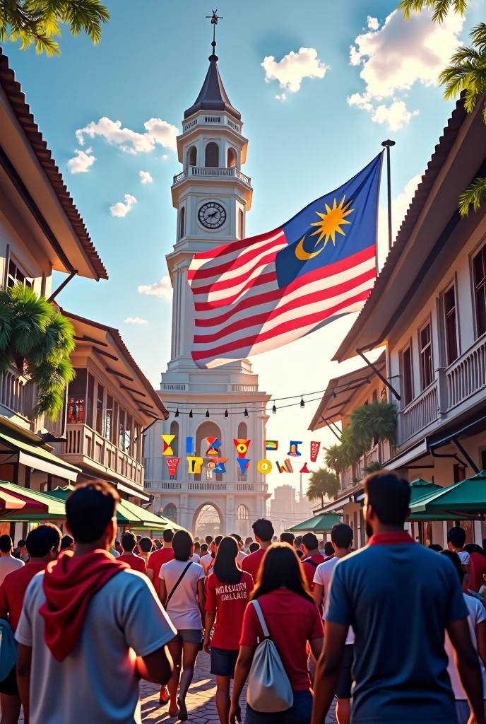 independence day malaysia, Malaysian flag , silver trench town clock tower, people wear clothes independence day logo malaysia