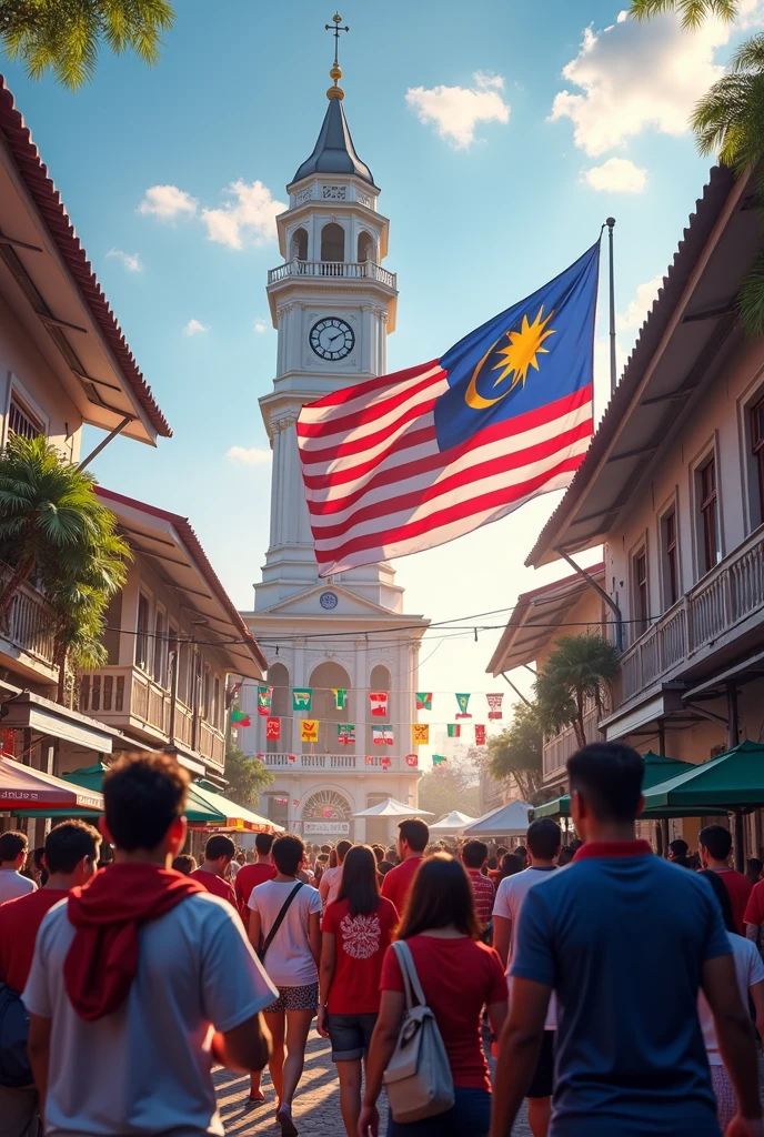 independence day malaysia, Malaysian flag , silver trench town clock tower, people wear clothes independence day logo malaysia