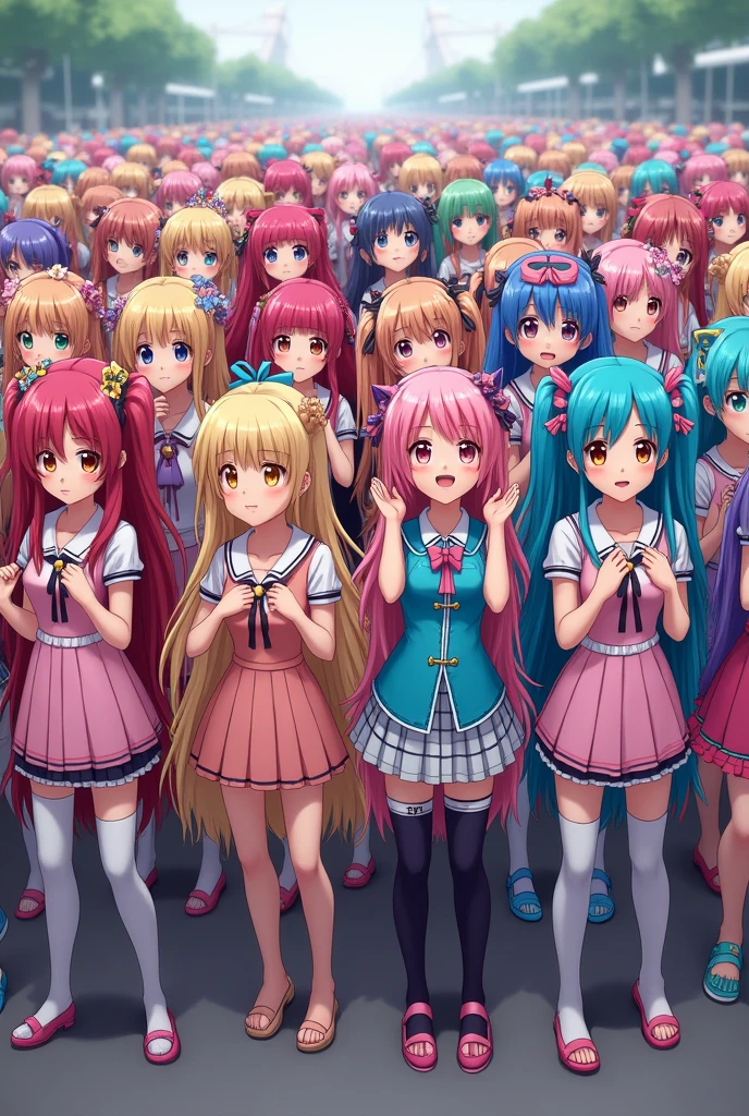 5,000 colorful long-haired anime girls wearing colorful hirajuku, wearing colorful very short skirts, colorful very long socks, and colorful hirajuku. 5,000 colorful long-haired anime girls wearing colorful hirajuku, wearing colorful very short skirts, and colorful stockings. They stand super-close together, look forward, smile slightly, take off their shoes, and take a group photo with their bodies facing forward.