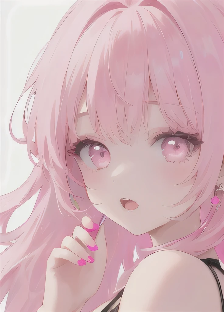 1 Girl, Solitary, Looking at the audience, Pink Hair, earrings, Jewelry, Pink Eyes, Open your mouth, Pink nails, Bangs, Upper Body, Nail polish, Bare shoulders, hy style, beautiful eyes