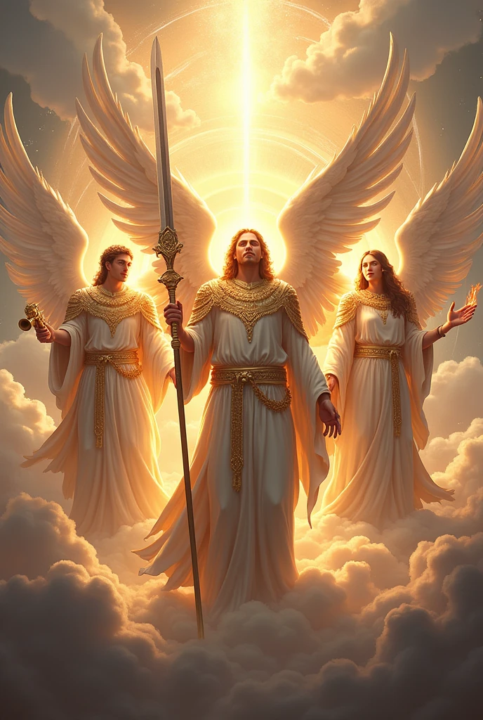 I want an image of the angels Gabriel, Miguel and Rafael together and each with their own specialty