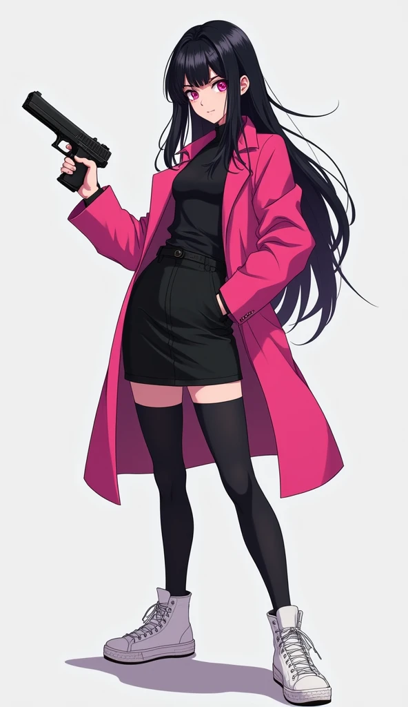 The young woman pink eyes long black hair wear a long pink coat, black shirt, black pencil skirt, black underpants, long black tights, black socks, white sneakers high top, holding a one handgun, light grey background, cartoon novel, 4K, HD
