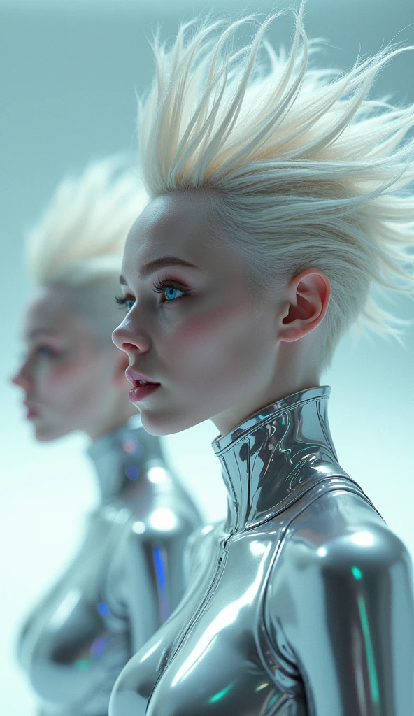 gorgeous beautiful female creatures from another planet, mohawk hair and silvery blue eyes, futuristic high tech ,chromed clothes that reflect faint multicolors, half body,very feminine, crisp, neat, bright and shiny feeling of strength and spiritual transcendence, sober, clean, sleek, minimal, simple background of one color, masterpiece, top detailed, ultraHD spectacular studio light HD
