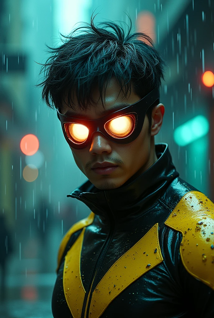 Rain, fragments, particles blender Extreme close-up face 
Actor asian Akira kaneda's cyclops creepy monstrous scary as cyclops Energy blast of futuristic nanopunk glasses viking traje viking Year 2099s from X-Men's filmed by ZackSnyder,cyclops dress traje semi rasgado , fighting against thugs X-men Full body , traje rasgado semi Pearl yellow black neon-infused psicodélic fragments splash Snowflakes X-shaped stripes raytracing  fashion Week , variant angles, captured with award-winning photography technique, cinematic, dark environment, bokeh, grainy, urban-xmen setting, blurry, IMAx, filmed with Kodak portrait 400, 200mm, f2.8, high resolution, teal filter.Adicione efeitos com chuva, e. Novas cores e trajes diferente em cenas imagens feita,  