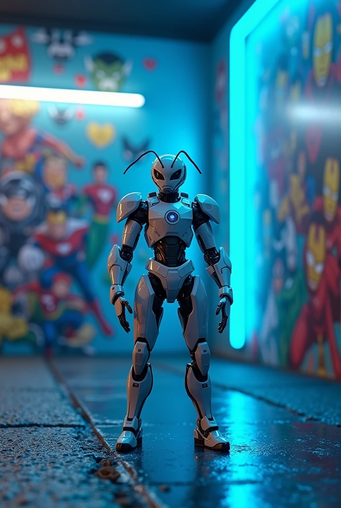 An ant standing on road with iron man suit and background is wall on that wall with wallpaper of super heroes and neon blue light and suit in white colour