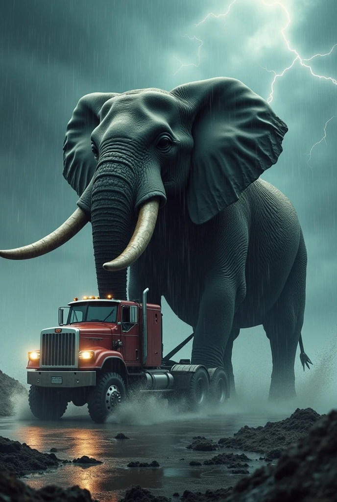 A truck and a elephant fusion image running in a rainy weather and storm with a cinematic look