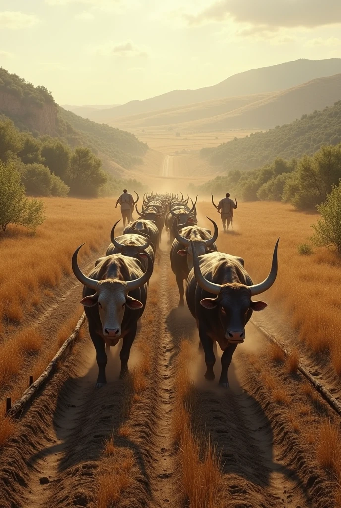A field ploughed by teams of oxen, ancient Greece