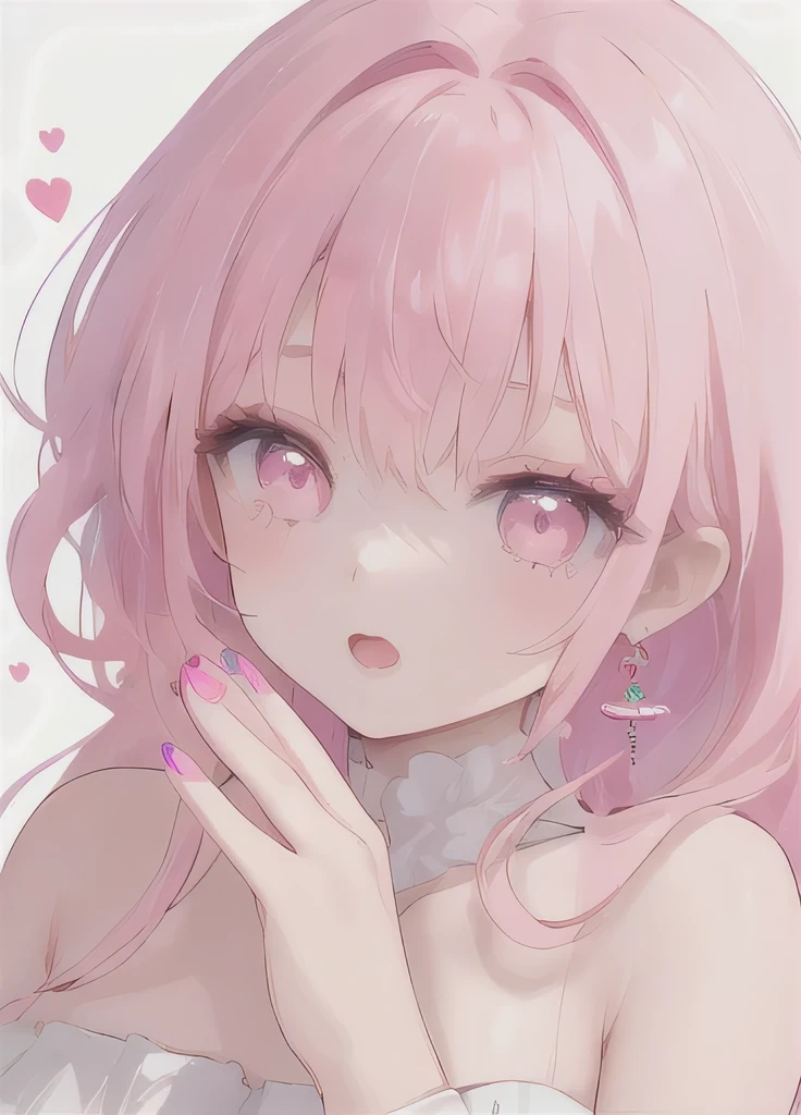 1 Girl, Solitary, Looking at the audience, Pink Hair, earrings, Jewelry, Pink Eyes, Open your mouth, Pink nails, Bangs, Upper Body, Nail polish, Bare shoulders, hy style, beautiful eyes