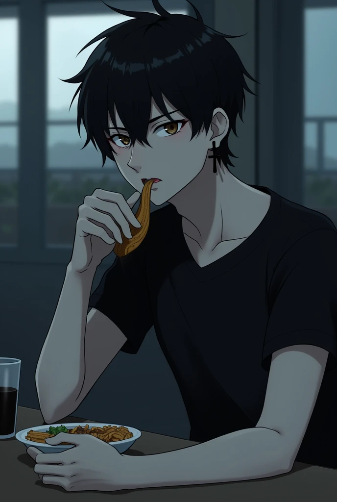 Anime guy with black hair, blocked hair, a brow, dark eyebrows, brown-black eyes, a black cross-shaped earring on the left and silver on the right, wearing a black T-shirt, is sitting and eating.