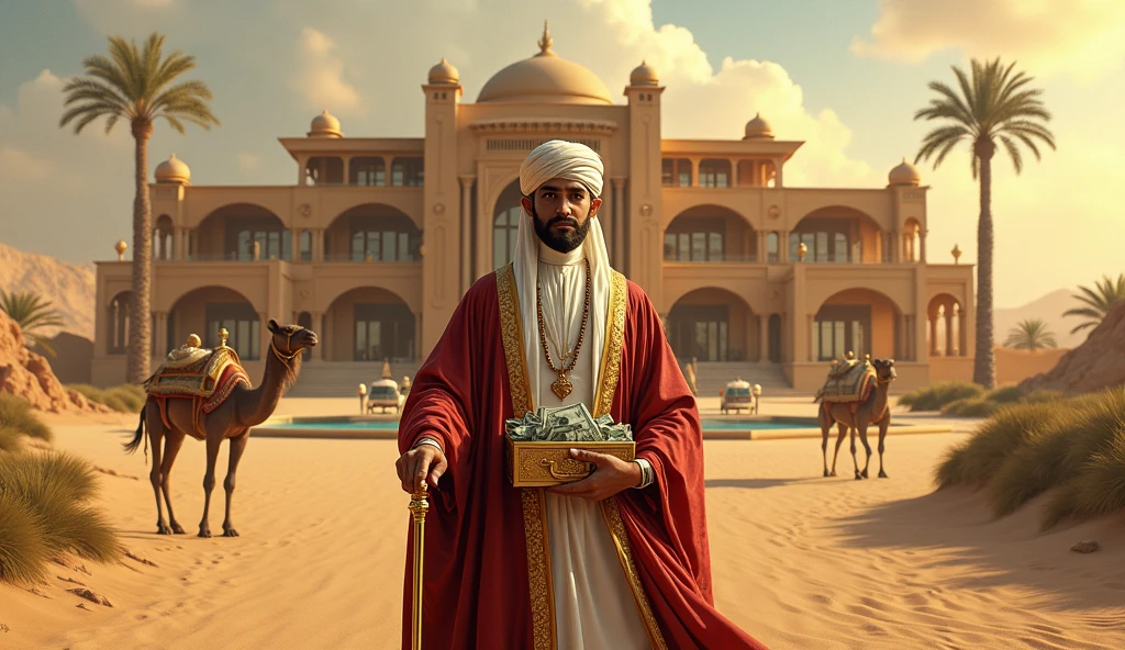 Oil tycoon in front of a desert mansion: A powerful oil magnate, dressed in traditional Middle Eastern attire, stands in front of his opulent desert mansion. He’s holding a golden cane and a briefcase full of cash, with luxury cars and camels in the background.
