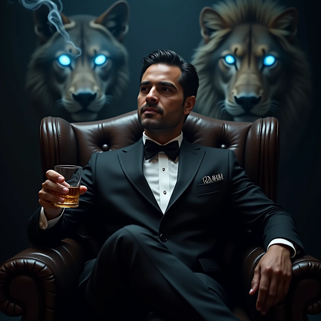 Create a realistic image where a 2 man wearing black luxury suit and sitting on king size chair, he's holding a whiskey glass in his hand, there is smoke in background a shadow of wolf and lion's eyes is glowing in blue colour. Name "rahul" is written at the chest of man showing in bold effects as per his name.