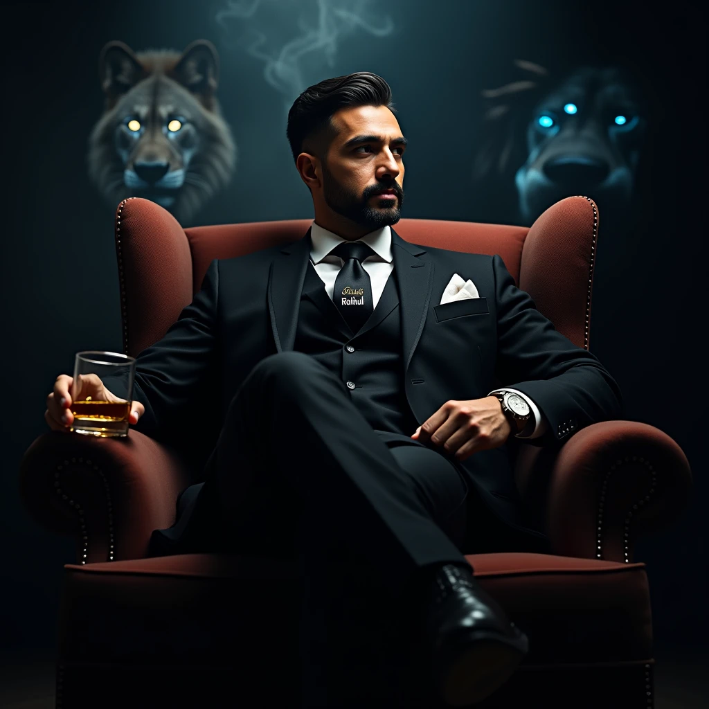 Create a realistic image where a 2 man wearing black luxury suit and sitting on king size chair, he's holding a whiskey glass in his hand, there is smoke in background a shadow of wolf and lion's eyes is glowing in blue colour. Name "rahul" is written at the chest of man showing in bold effects as per his name.