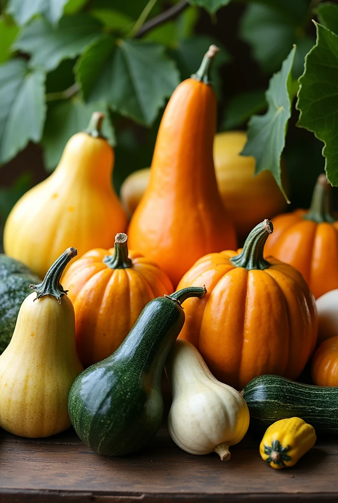Close-up of a group of Cucurbitaceae with leaves on a wooden table. Leave more space on the wooden table.