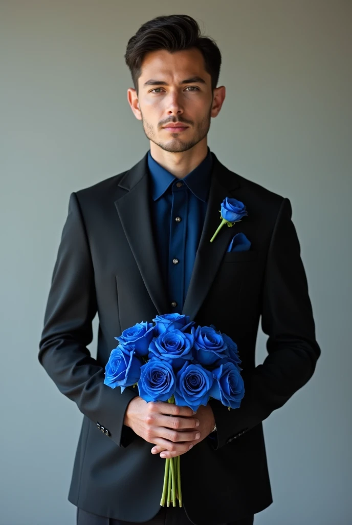 Black suit, a dark-haired groom wearing a bright blue shirt and holding blue roses