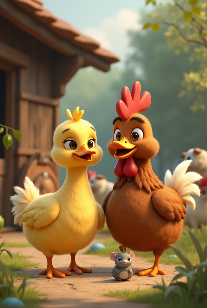 Generate an image of a yellow duck and a brown rooster friends with a little mouse outside the barn exploring, walking, meeting other animals

