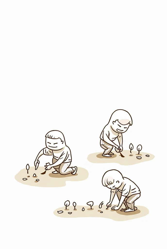 4 images of people planting seeds. white background. drawing style, filled line art, 2d.