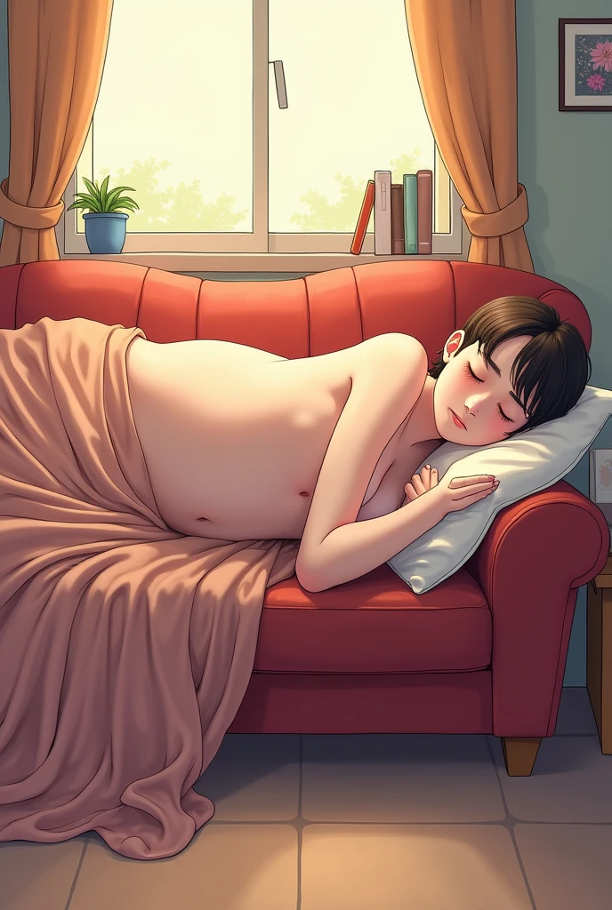Draw a picture in anime style of a giant lying and sleeping on a couch that is much too small for him. He has brown slightly wavy chin-length hair. His stature is leaner and he has no beard. He is about 2 