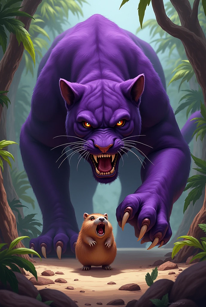 Make me a purple panther attacking a capybara, small and very scared