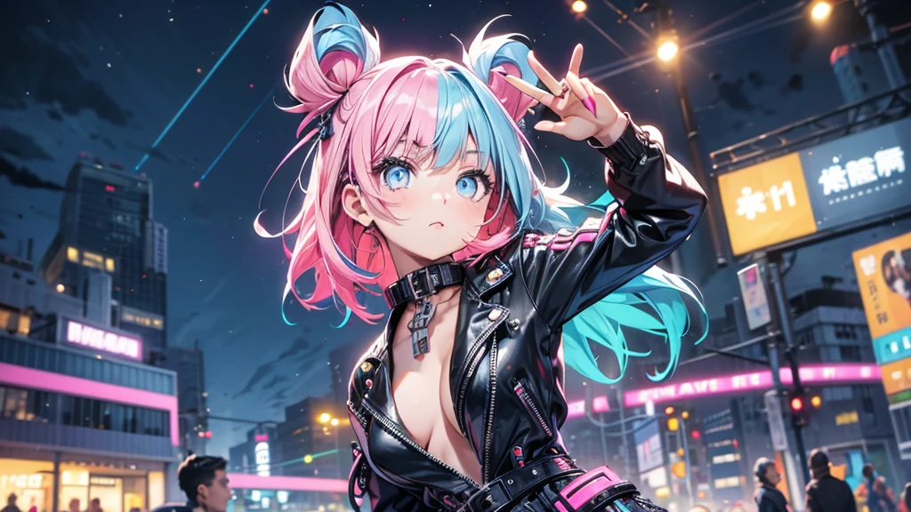portrait, 1 girl, beautiful face, asymmetrical hair, multi-colored hair, belt, zipped bodysuit, grey eyes, hip vent, cute, neon night city, neon, looking up in the sky