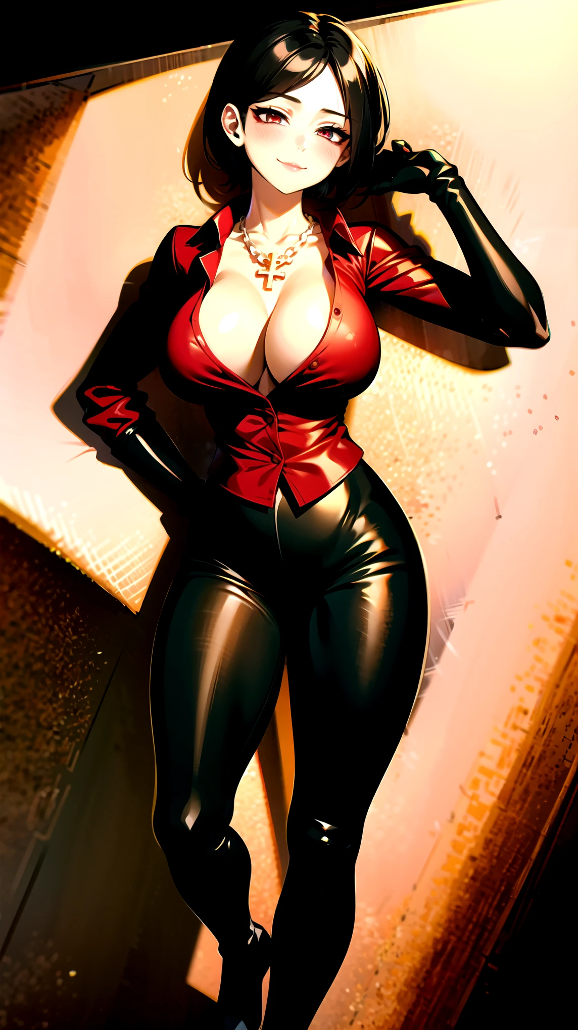 （（super high quality,））（（Ultra-high resolution,））（16K,）（super masterpiece,）（（Ultra HD ,））（Detailed shading,）Full body photo,One sexy mature woman,（（Red collared shirt,popped Tight collar,））Folded sleeves,Black long gloves,（Glossy black pants, Black long boots,）Black hair straight short,Sharp Eyes,blush,Sexy smile,Cleavage,Cross Necklace,（（Lying in bed,））Put your hands on your head,Turn your hips to the side,