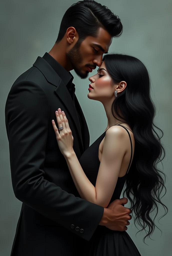 Tall man, dark and thin man hugging a slightly shorter white woman with black hair, both beautiful and stylish.