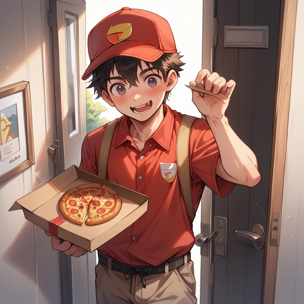 A very small and cute boy, in pizza delivery clothes, on an apartment door, working as a delivery boy