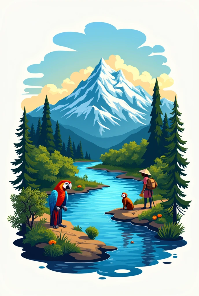 Create logo with the following characteristics: Main image of the two snow-capped peaks of the Sierra, laguna, river to the sea, Macaw, monkey and peasant man and woman
