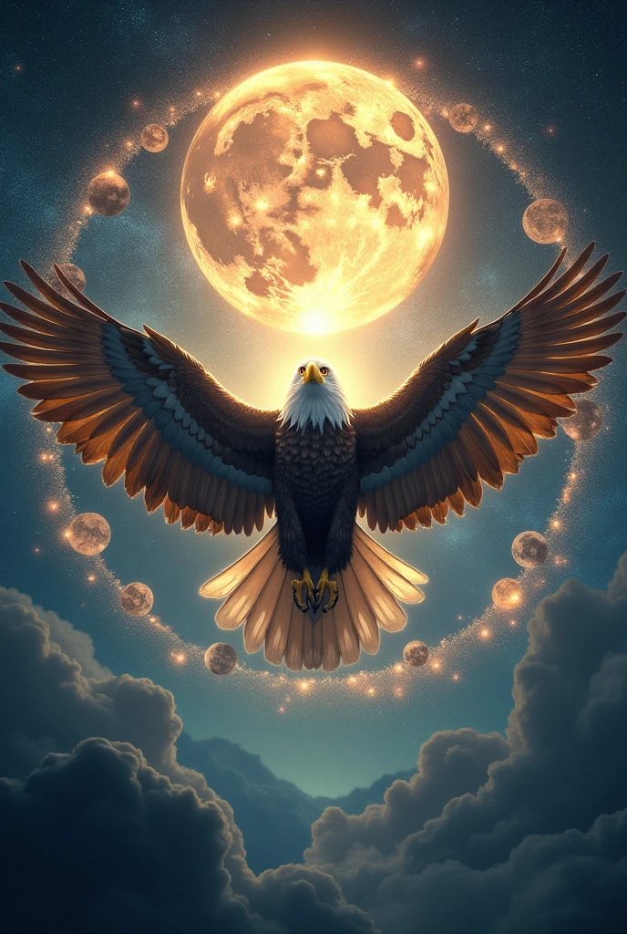 Make an image 28 cm wide by 35 cm long of a flying eagle and the Metatron and the moons that looks very spiritual
