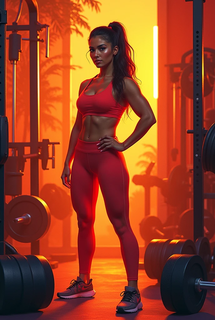Reddish orange tone art for instagram woman with gym clothes and bodybuilding equipment in the background