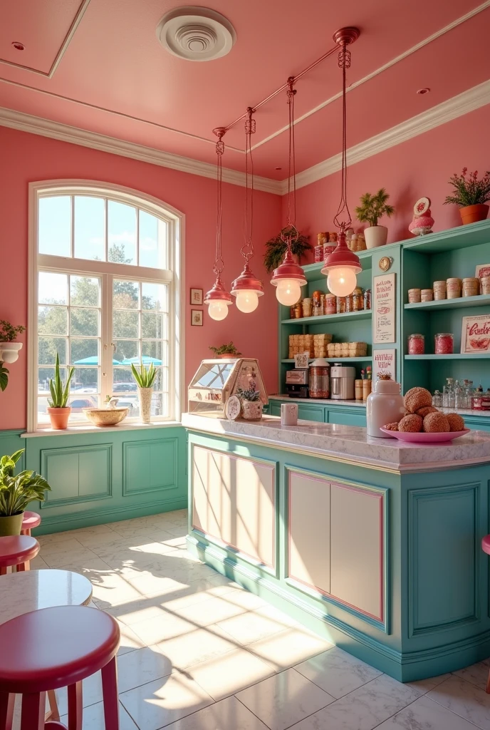 Give me some pictures of the interior of an ice cream shop with the most beautiful color combination. Note that the ice cream parlor countertop is made of light gray marble and that the ceiling should be a different color than the rest of the walls..
