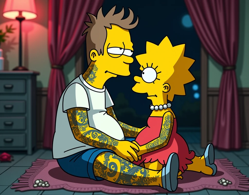 Lisa Simpson with human appearance, tattooed punk. Milhause van Houten pregnant and human, with white t-shirt and tattoo, an image by Zack Snyder, tumblr, romanticism, leaked image, cyberpunk, without words 4k, without text, gothic art, cyberpunk comic, super high resolution, in a cinematic Gothic movie , cyberpunk style comics, Lisa sitting in love on Milhause's knees, 8K.