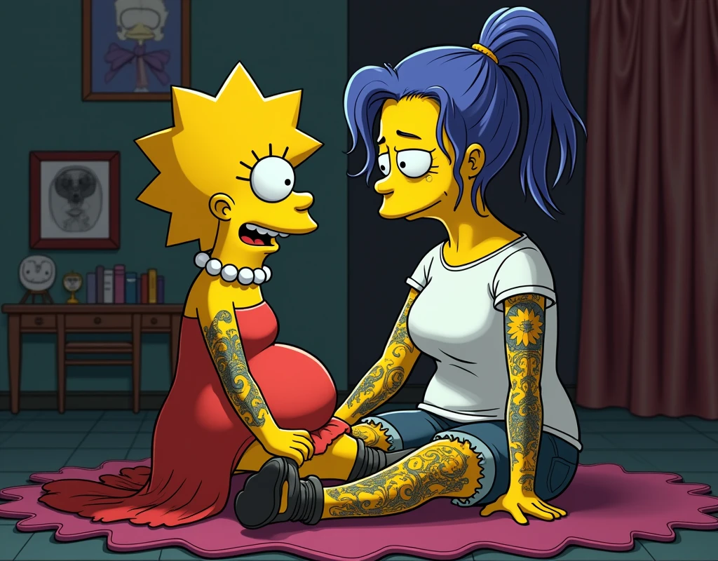 Lisa Simpson with human appearance, tattooed punk. Milhause van Houten pregnant and human, with white t-shirt and tattoo, an image by Zack Snyder, tumblr, romanticism, leaked image, cyberpunk, without words 4k, without text, gothic art, cyberpunk comic, super high resolution, in a cinematic Gothic movie , cyberpunk style comics, Lisa sitting in love on Milhause's knees, 8K.