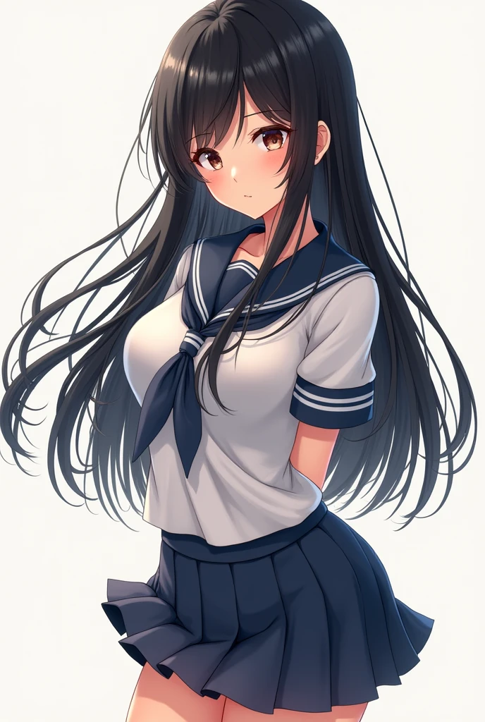 Create 1 big breasted Japanese girl, in a short Japanese schoolgirl outfit,long black hair and a shy expression 
