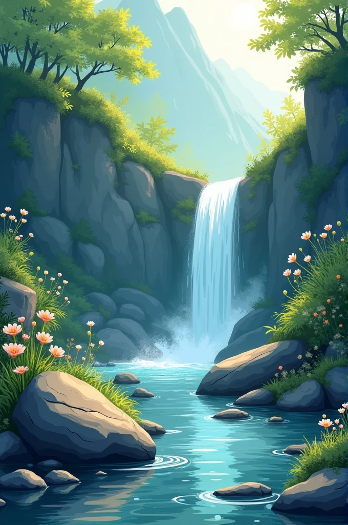 the stone beside of the stream. The morning sun is shining. The water falls is staying on the mountain. A drawing vector landscape image.