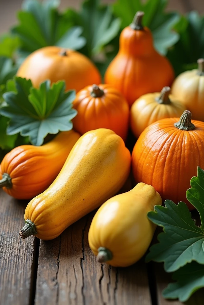 Close-up of a group of Cucurbitaceae with leaves on a wooden table. Leave more space on the wooden table.